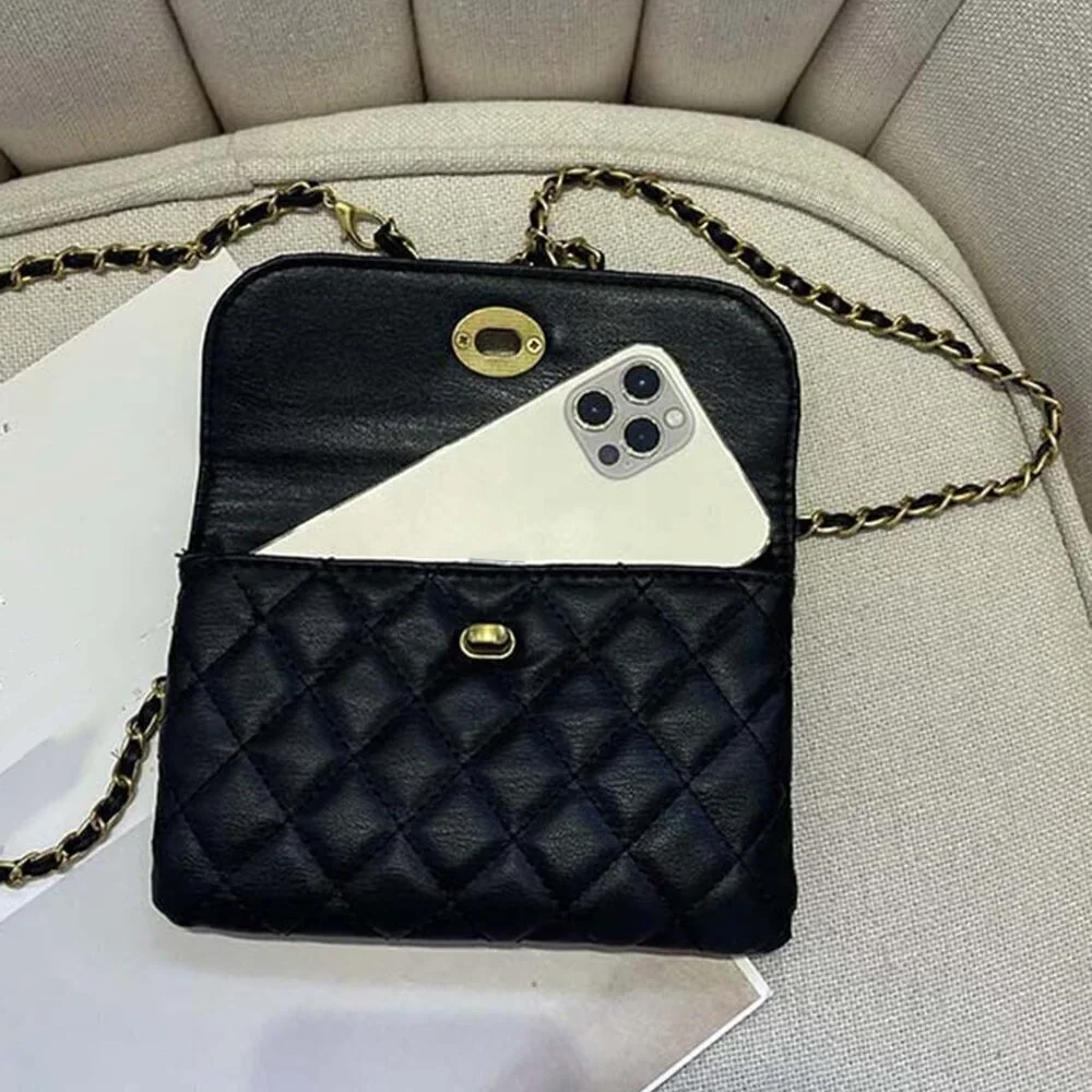 Black Fashionable Women's Rhombic Embroidery Detachable Chain Mini Shoulder Bag